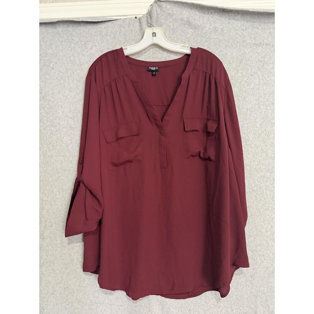 Torrid Blouse Womens 3 Red Harper V Neck Roll Tab 3/4 Sleeve Tunic Top